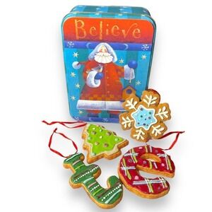 Christmas Tree Snowflake Letters Gingerbread Cookie Ornaments Set Of 4 Tin